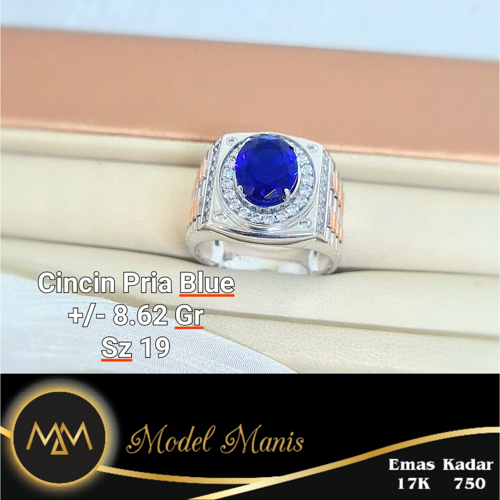 Model Manis Gold - Cincin Pria Batu Biru Oval Putih - Emas 17k 750