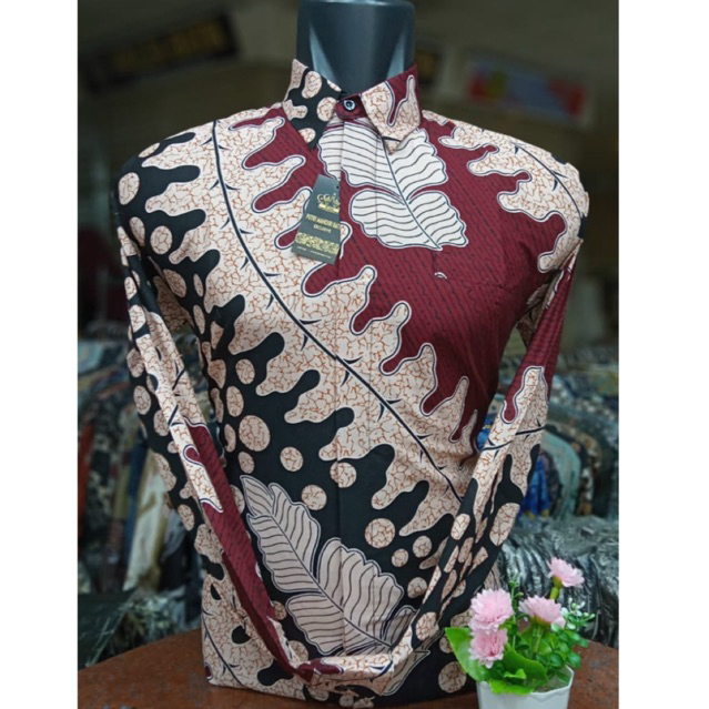 KALEM BERKELAS Maroon Baju Batik Katun Pria Lengan Panjang Motif Flora Premium Modern Cocok untuk Ko