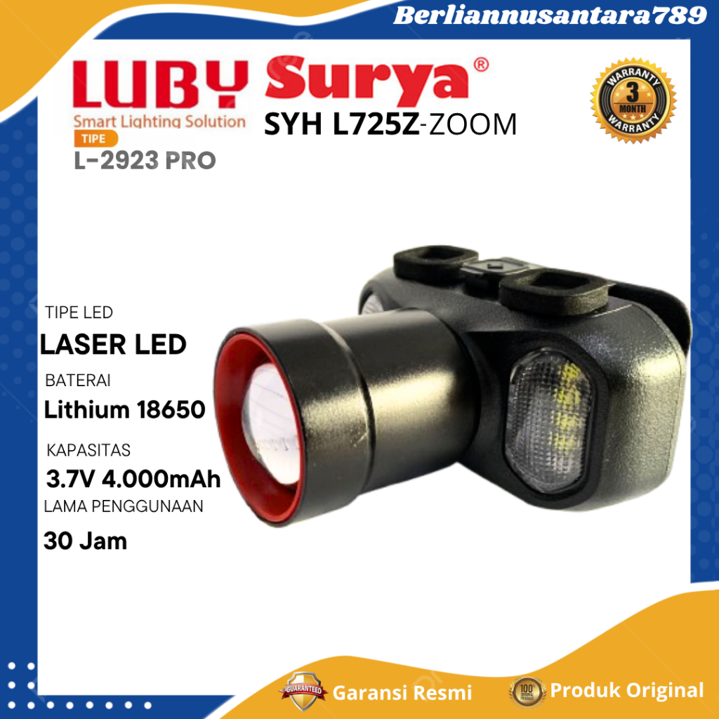 Senter Kepala Zoom LED Luby L2923 Pro 55W / Surya SYH L725Z 72Watt Water Resistant Cahaya Putih Tera