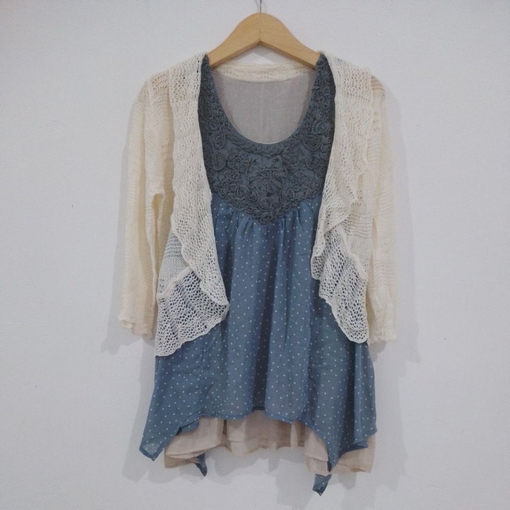 [PRELOVED] Dress Morikei Polkadot & Cardigan Jaring