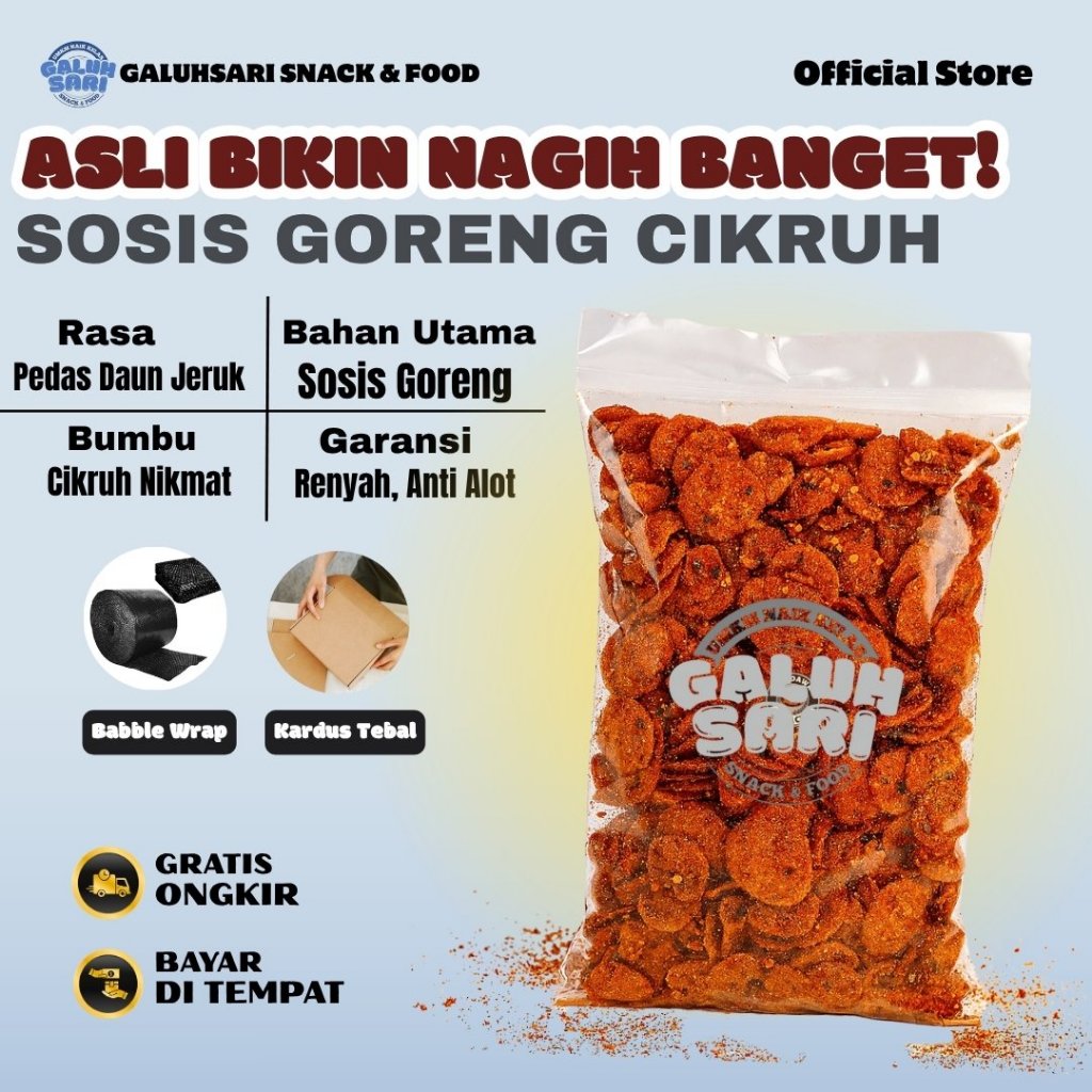 

Galuhsari - Cemilan Sosreng Sosis Goreng Pedas Daun Jeruk Bumbu Cikruh Melimpah Super Renyah 1kg