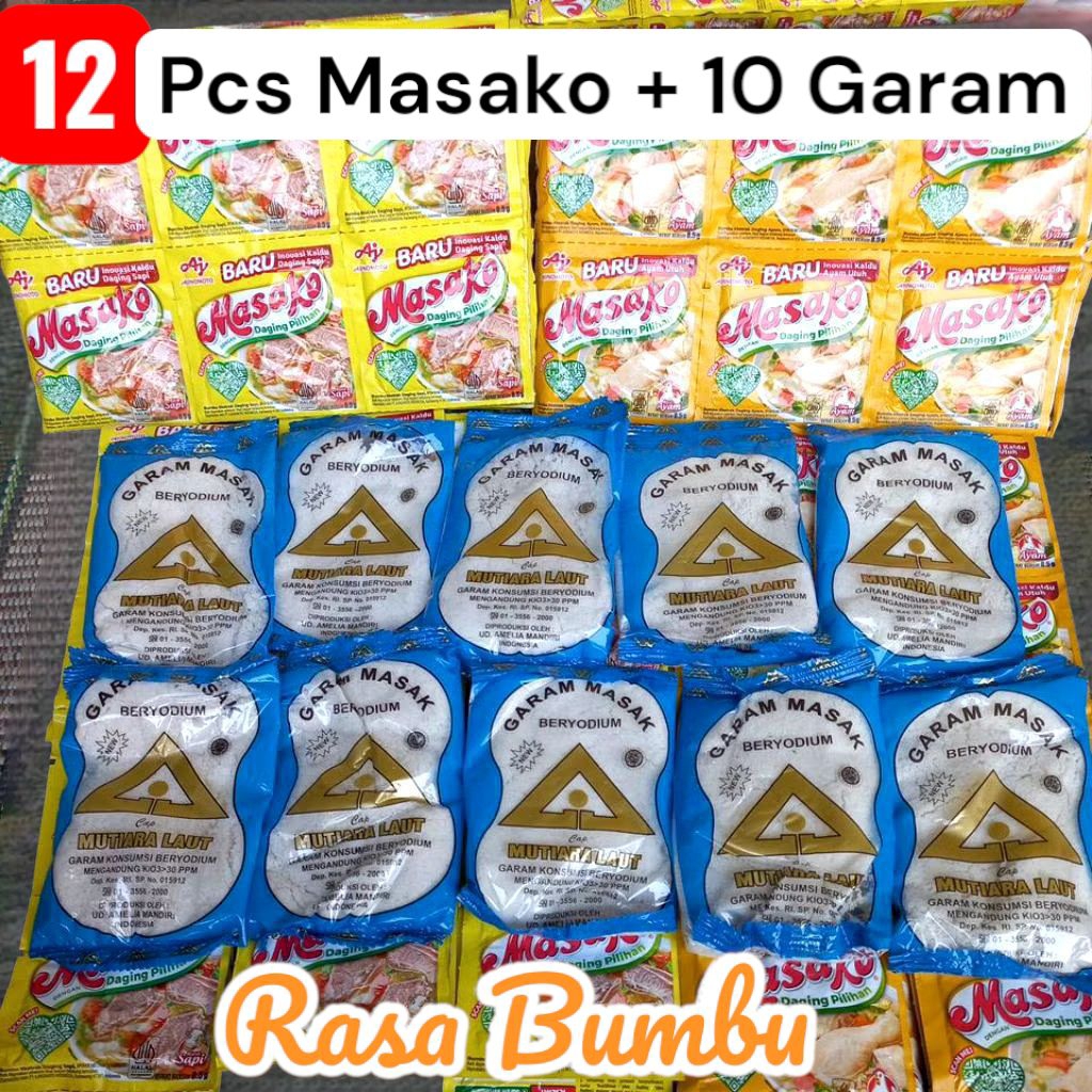 

Masako 12 Sachet berat 8,5 g & Garam 10 berat 100 G Pcs penyedap rasa lezat inovasi baru & Garam beryodium cap mutiara laut
