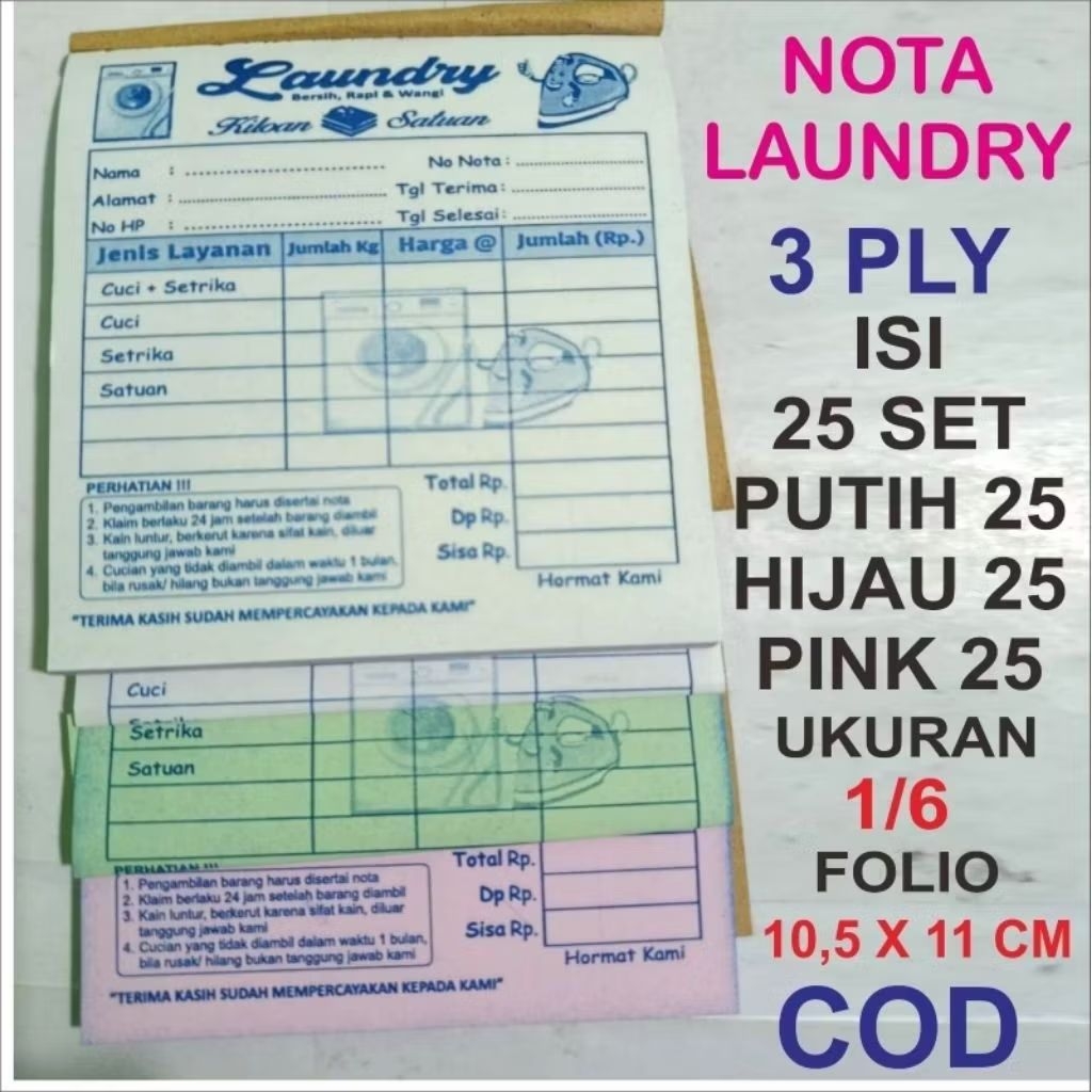 

nota laundry 3 ply ukuran 1/6 folio.11 x 10,5 cm. isi 25 set / buku .putih 25 + hijau 25 + pink 25 .Readystock