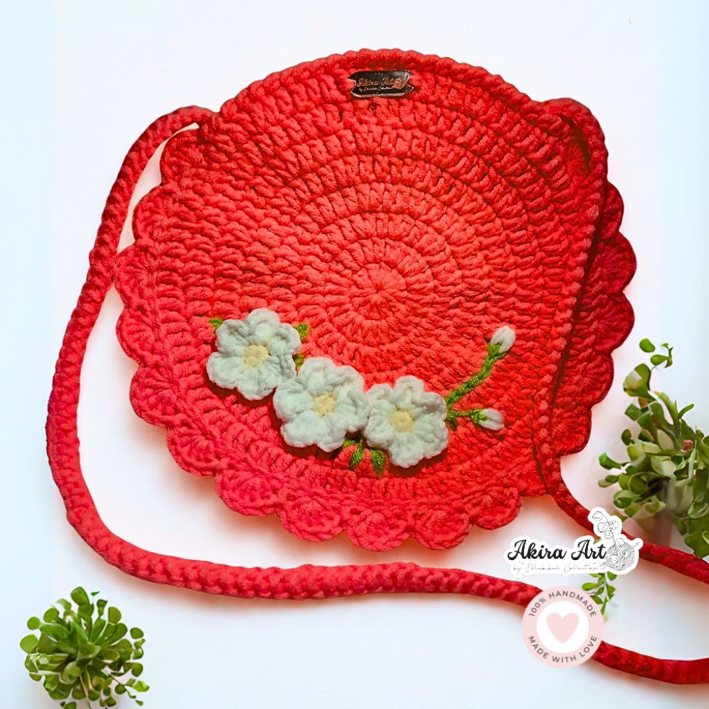 [RCB06] Tas Rajut Anak Remaja | Tas Bulat Bunga Sulaman| crochet bag