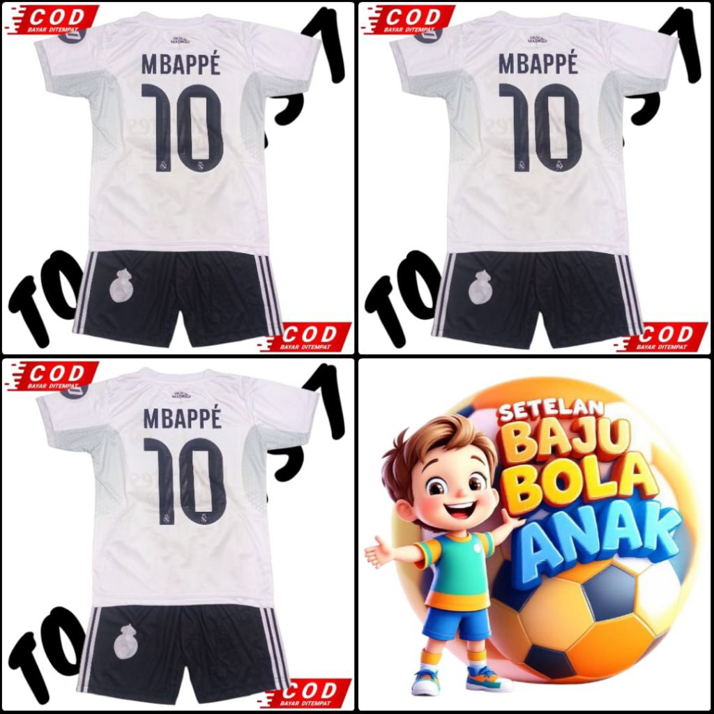 COD BAJU SETELAN JERSEY FUTSAL ANAK LAKI LAKI FOOTBALL CLUB REAL MAADRIDD FC MBAPPEE JERSEY AWAY FUL