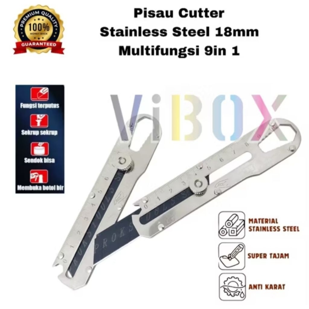 

PM - Vibox Cutter Stainless stanless Cuter Pisau Tajam Baja Multifungsi Kunci Pas 9in1 Pemotong Serba Guna