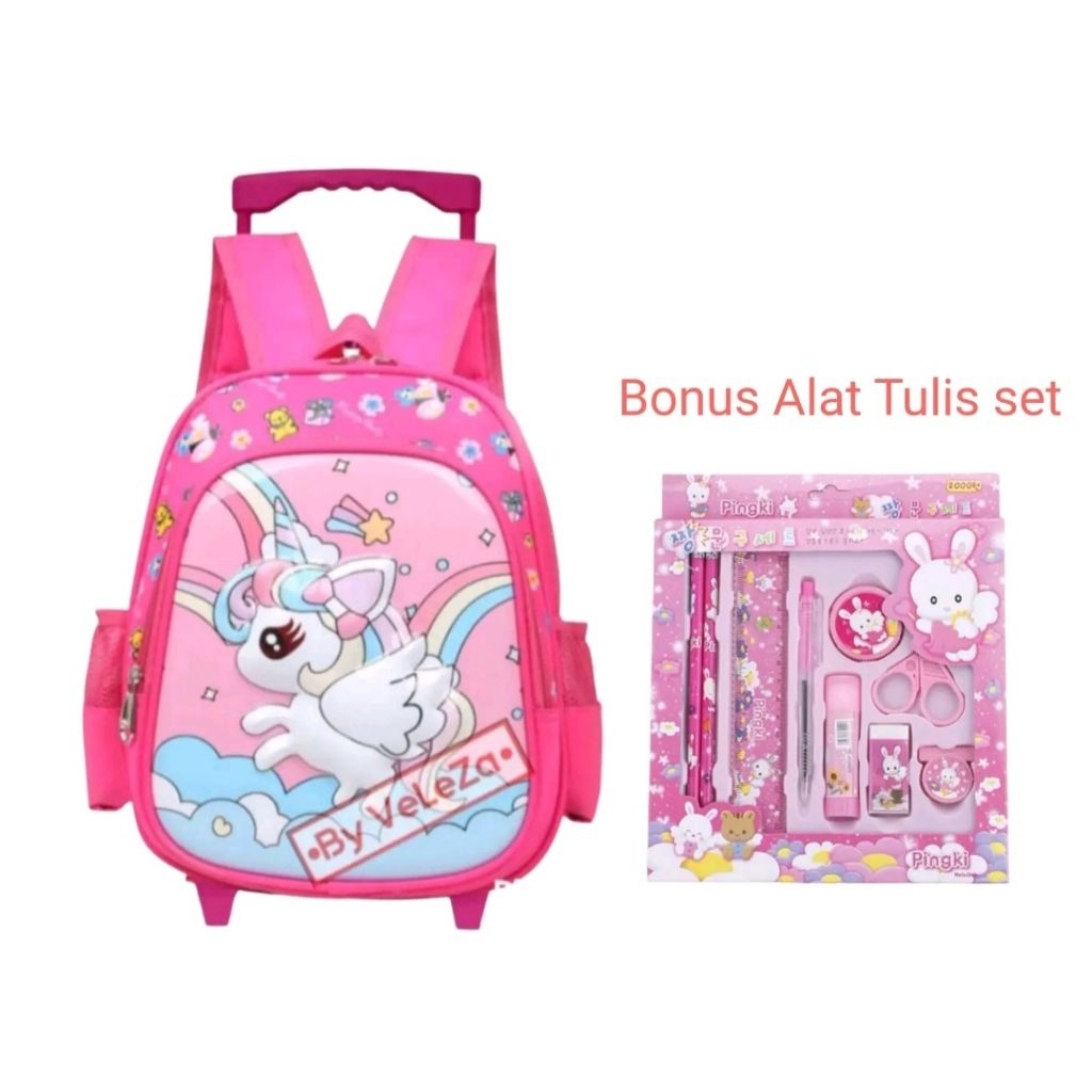 Tas Ransel Troli Anak Perempuan Karakter Unicorn Bonus Alat Tulis Sekolah TK Tas Dorong Koper Anak P