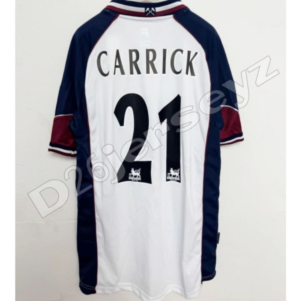 Jersey RETRO WesStT_ HamM_ Away 1999 / 2000 + Cetak Nama Nameset CARRICK 21 / Custom + Patch