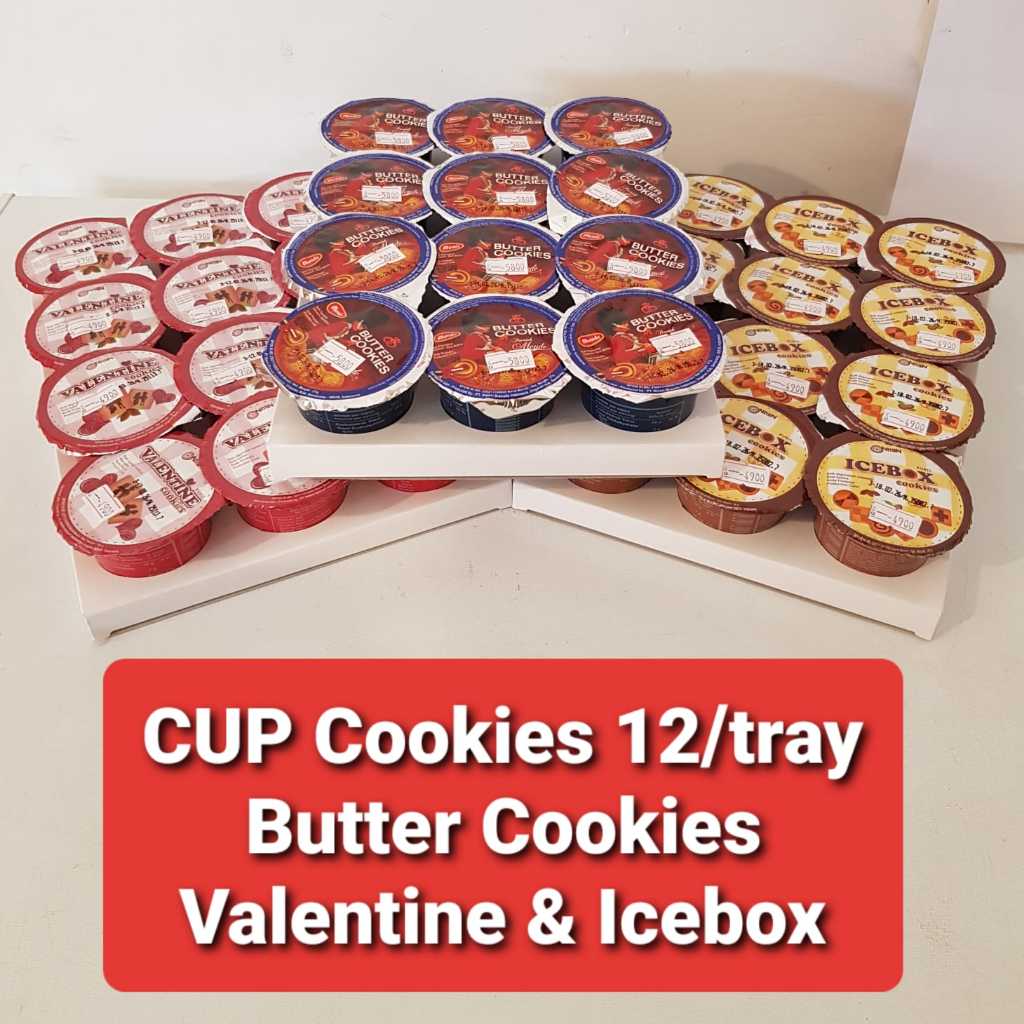 

CUP COOKIES isi 12 CUP/tray / MONDE Butter Cookies CUP 12x27 gr / NISSIN Valentine Cookies 12x28 gr / NISSIN Icebox Cookies 12x28 gr