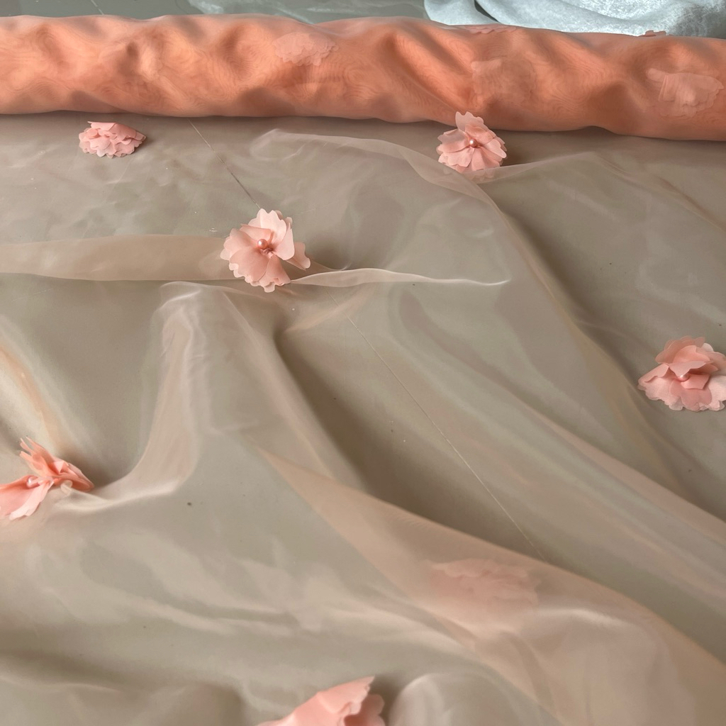 Kain Organza 3D Pearl | Organza Mutiara Motif Bunga | Bahan Organsa Corak Timbul