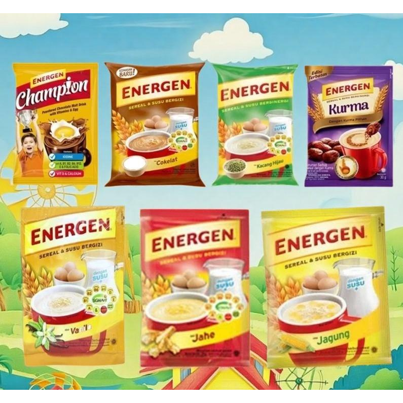 

ENERGEN All Varian 10 PCS Sereal dan Susu RENCENG energen KURMA Coklat Vanila Jahe Kacang Hijau Champion