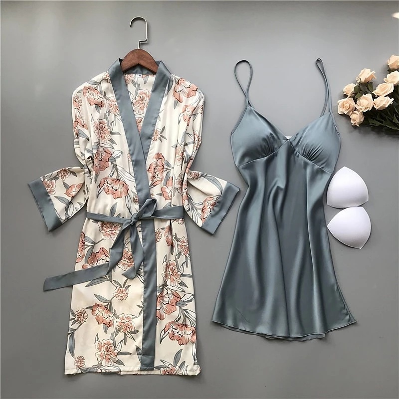 Piyama Seksi Wanita Sutra Es - Setelan Dress Tanktop + Robe Lengan Panjang/One Set Wanita Kekinian/D