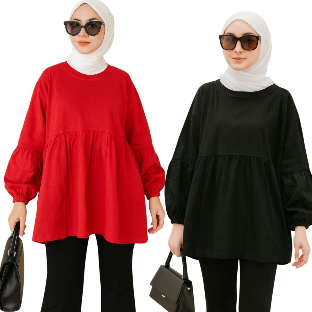 atasan wanita semi tunik kombat polos warna merah putih hitam