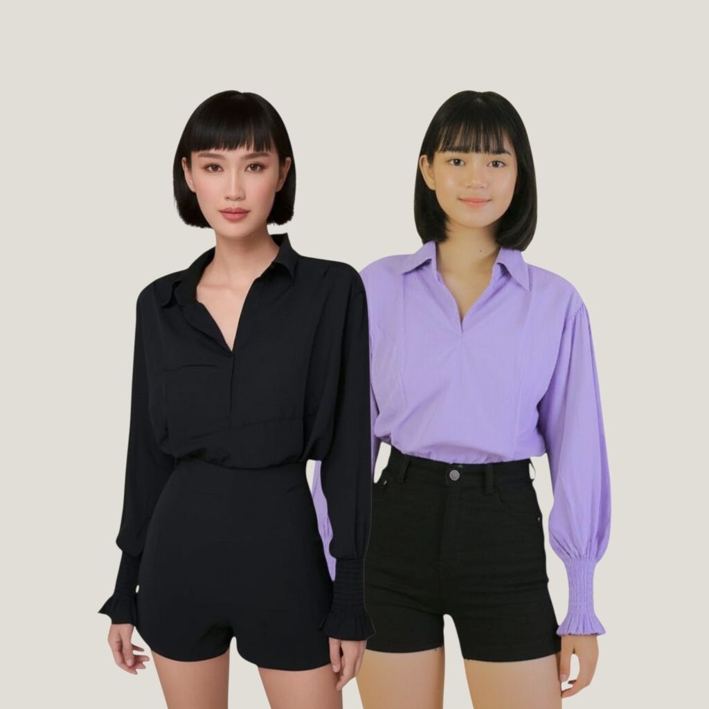 [New] 045 Maala Top | Baju Atasan Wanita Lengan Panjang Bahan Rayon Hitam Lilac
