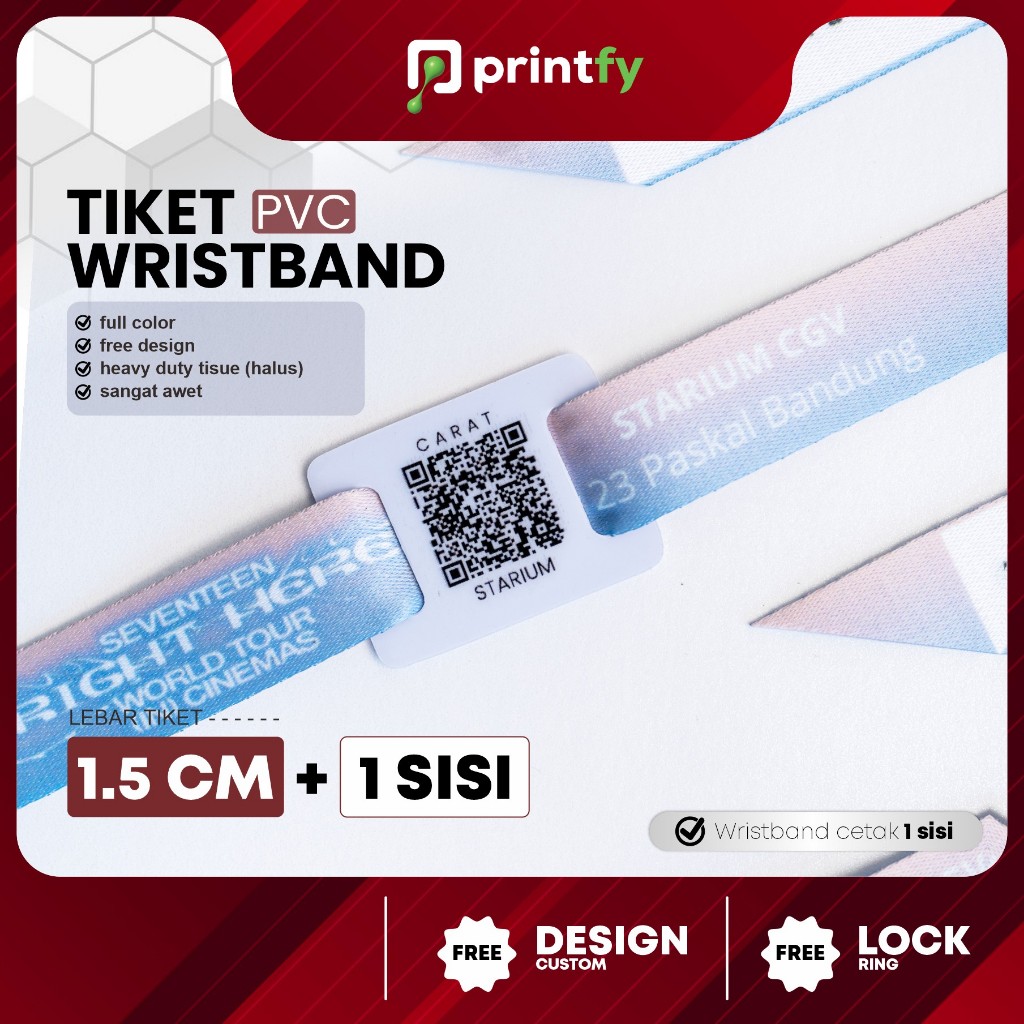 

Tiket Wristband Custom + PVC Barcode - 1.5 cm - 1 sisi / Gelang Lanyard / Gelang Konser