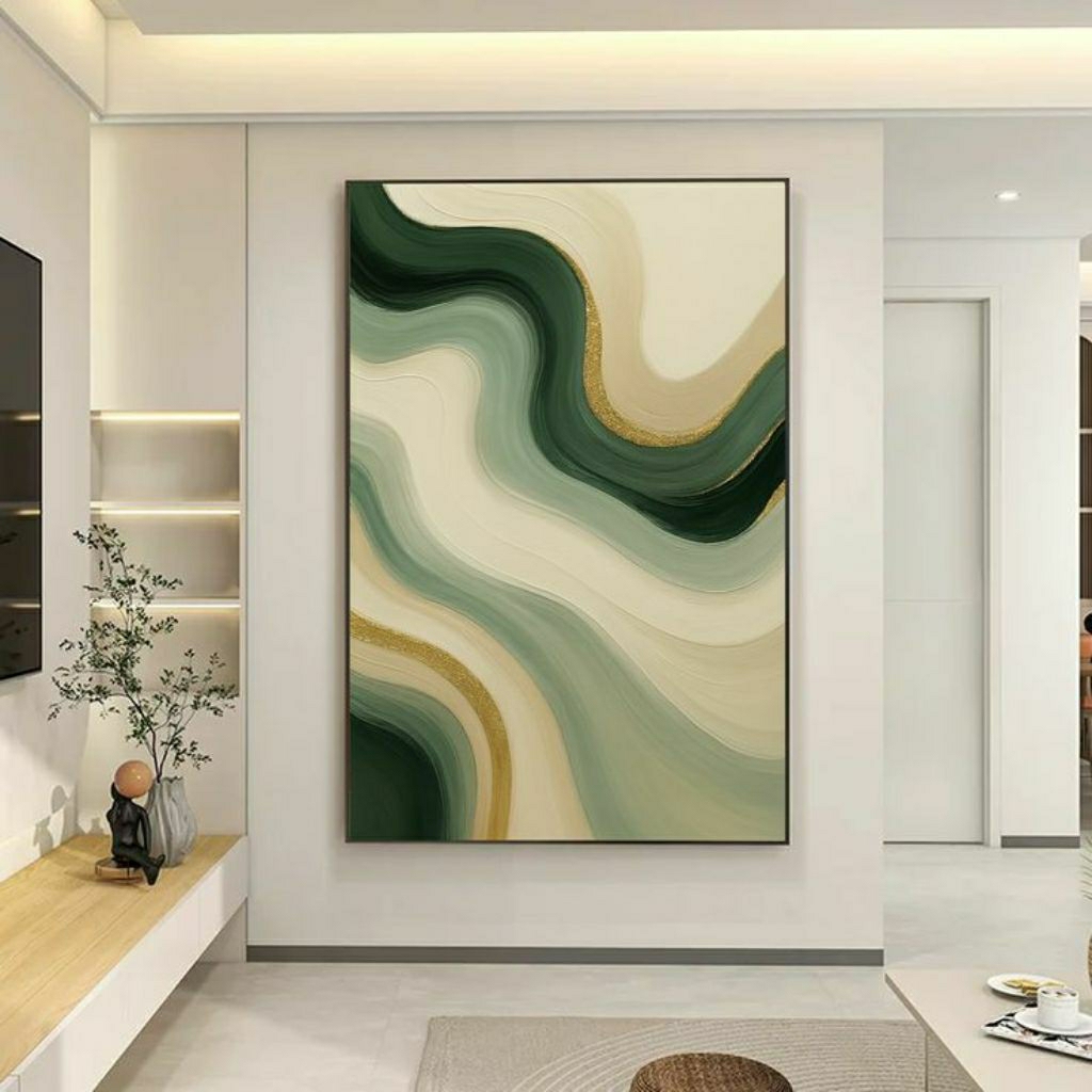 Lukisan Abstrak Green Gold – Dekorasi Dinding Modern & Elegan tekstur tebal modern art