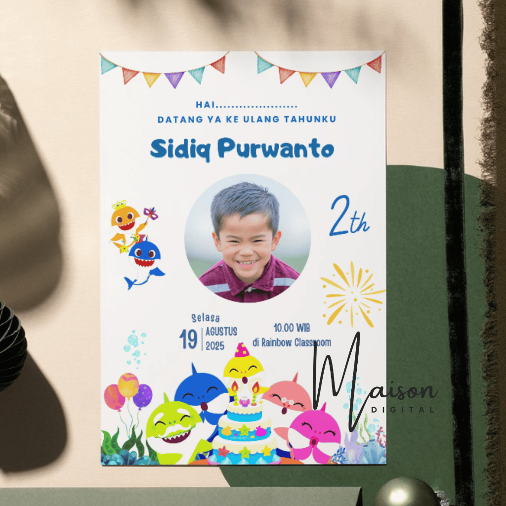 50 Pcs Undangan Ulang Tahun Baby Shark + Plastik OPP - Undangan Ultah - Undangan Ulang Tahun Custom