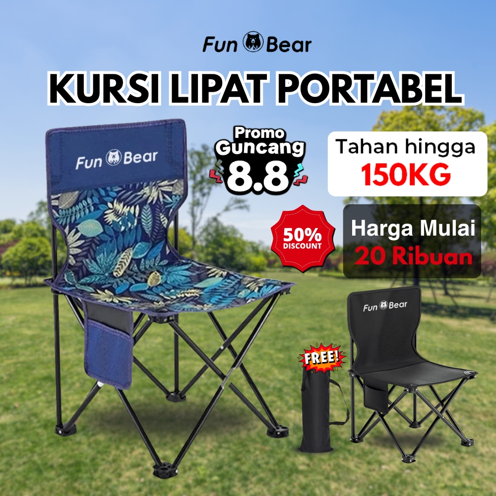 Fun Bear Kursi Lipat Portable Outdoor Kuat Tahan 150KG + FREE Tas - Promo Guncang 8.8 Harga Mulai 20