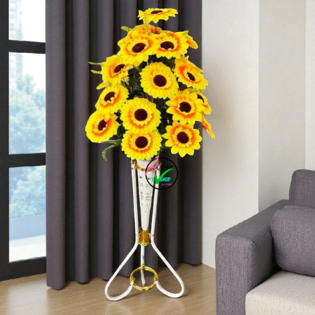 Bunga hiasan sudut MATAHARI-k24 lengkap dengan vas STANDING BESI pot plastik dekorasi ruangan