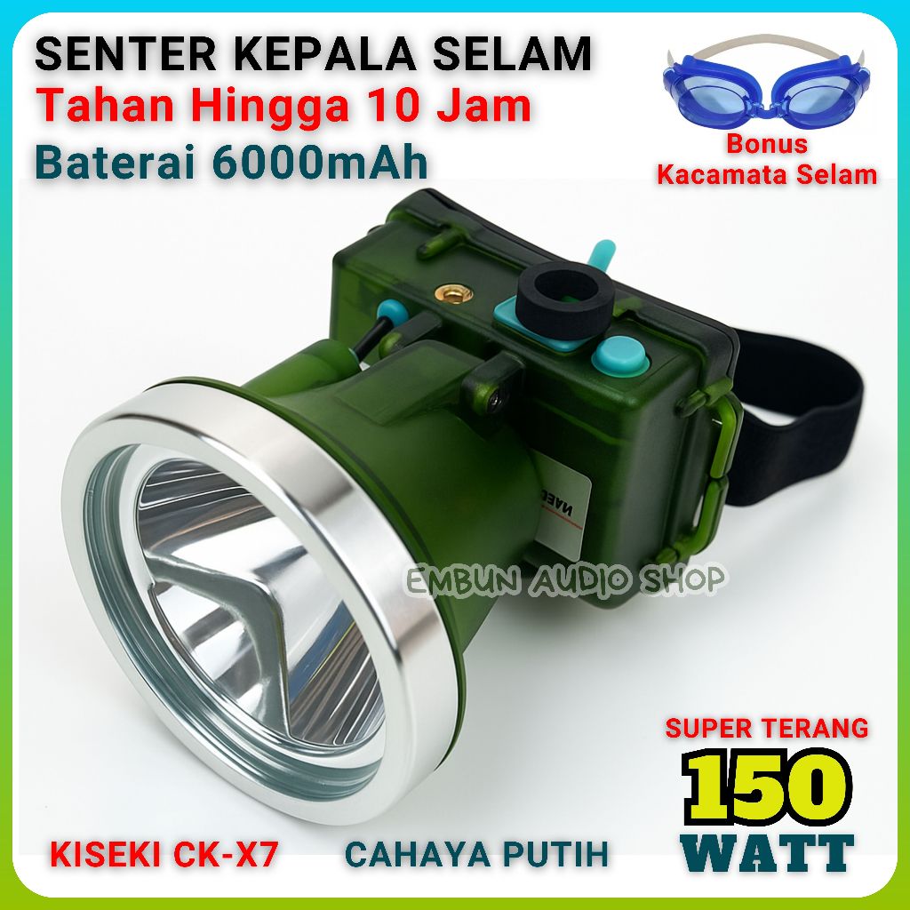 KISEKI Senter Kepala Selam CK-X7 / CK-X6 Bonus Kacamata Renang Senter Selam Super Terang 150 Watt / 