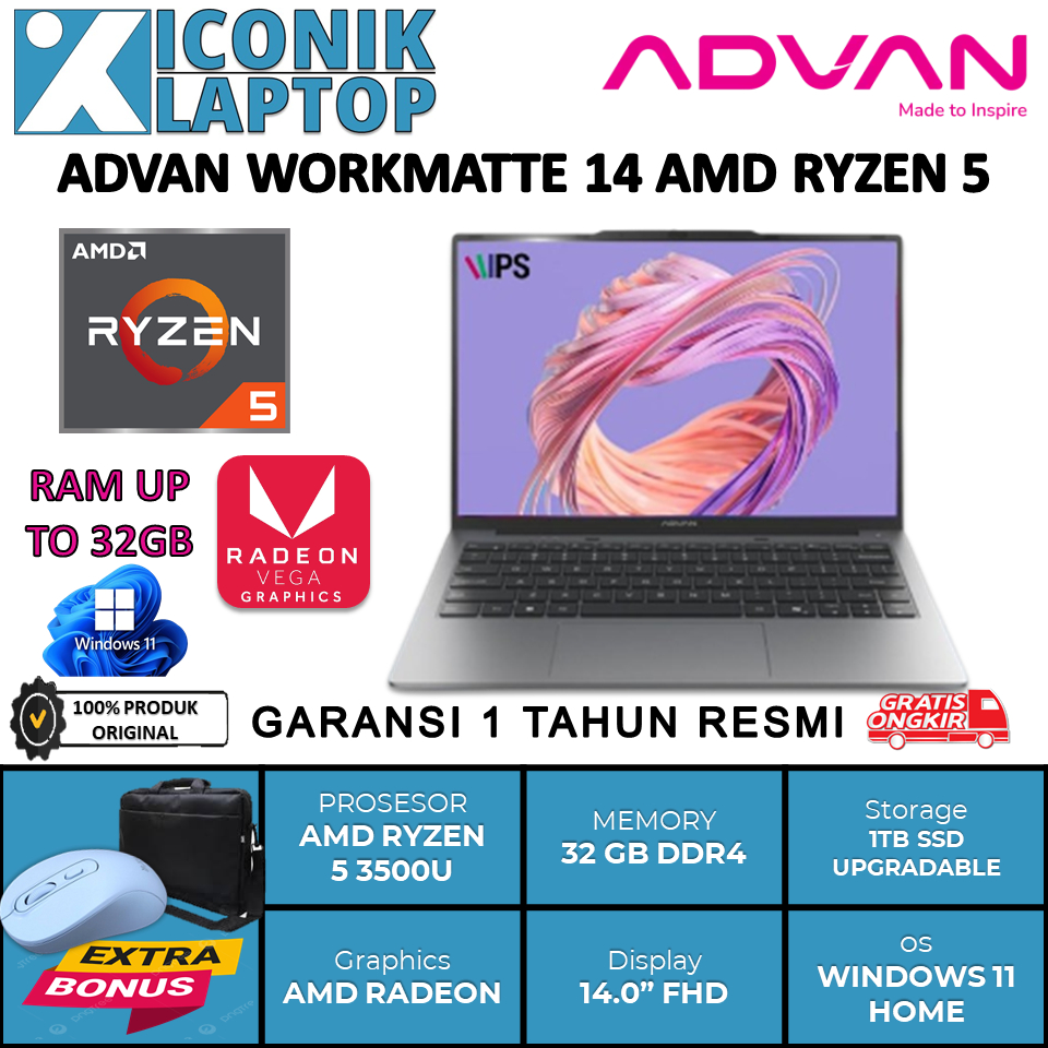 Laptop Gaming Murah Advan Workmate Ryzen 5 14" FHD IPS 32GB 1TB 14 FHD GARANSI RESMI