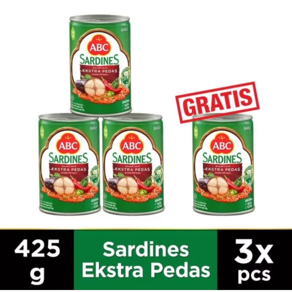 

Sarden ABC extra Pedas 3 GRATIS 1 Ukuran jumbo 425g Abc Sarden Bergizi