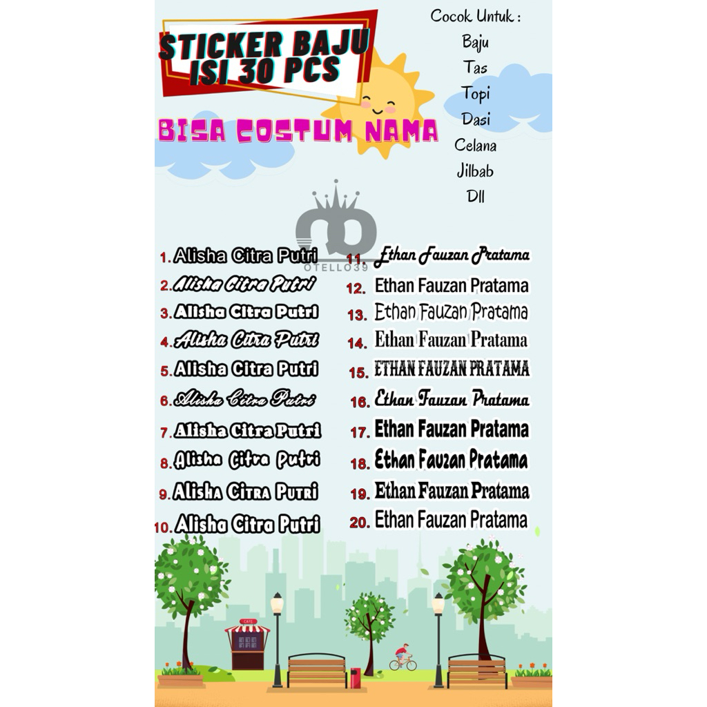 

OTELLO Sablon Stiker Waterprof Setrika Label Nama/Custom Label Nama Untuk Anak-anak dan Dewasa Bahan DTF Isi 30 Pcs Waterproof