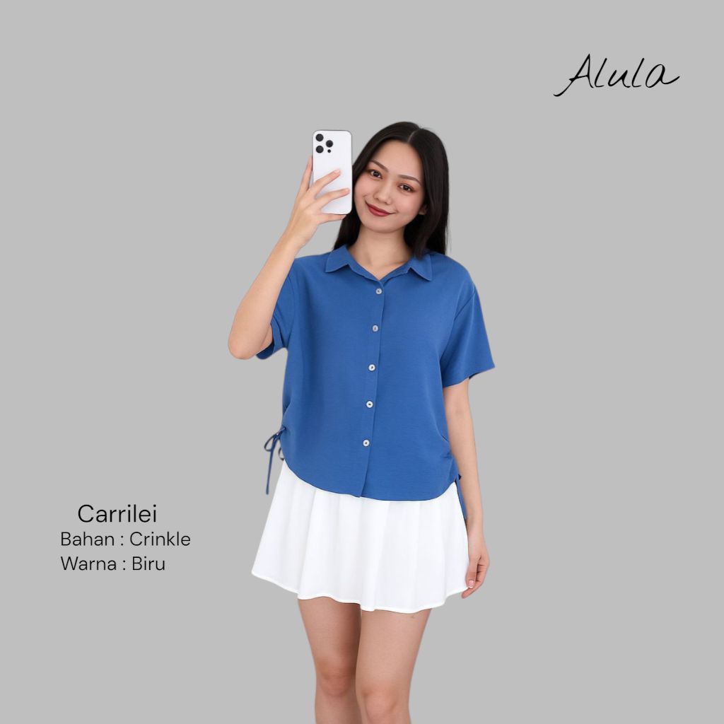 CARILLEI | Kemeja Crop Wanita Crinkle Lengan Pendek Tali Samping S - XXL baju atasan wanita terbaru