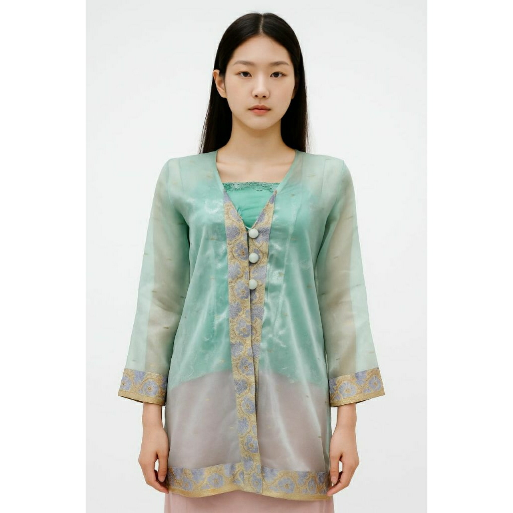 TRADITIONAL FASHION ~ Atasan Wanita Kebaya Biru Muda Aksen Tenun Songket Organza Baju Kurung Outer T