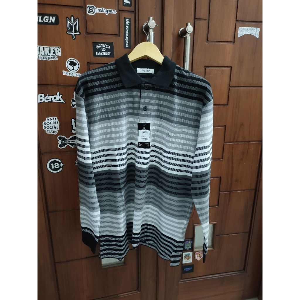 Kaos Polo Pria Hassenda UK L Lengan Panjang Variasi Garis" Hitam, Motif B, 100%Original&Murah