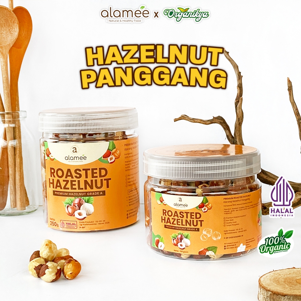 

ALAMEE Kacang Hazelnut Panggang Roasted Cemilan Sehat Rendah Kalori Kacang Kemiri organikya