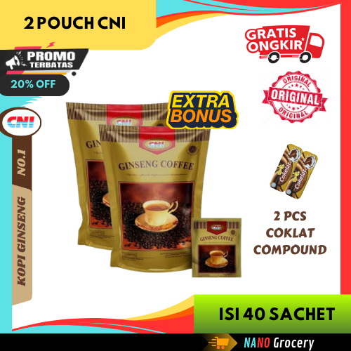 

2 Pouch CNI Ginseng Coffee 20 Sachet + GRATIS Coklat Compound | Kopi Ginseng No.1 di Indonesia