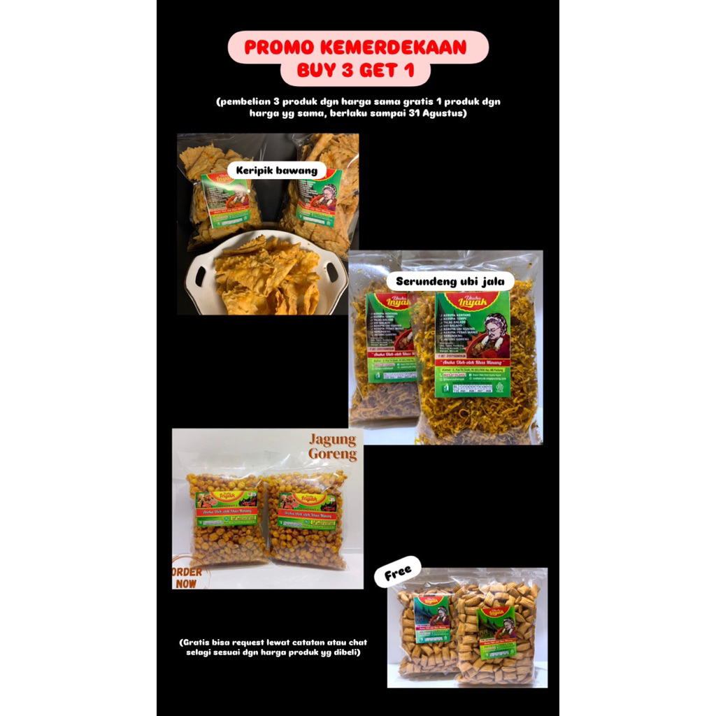 

(PROMO PAKET KEMERDEKAAN PRODUK Harga 10.000) Keripik bawang, Serundeng, Jagung goreng, Keripik Usaha Inyak