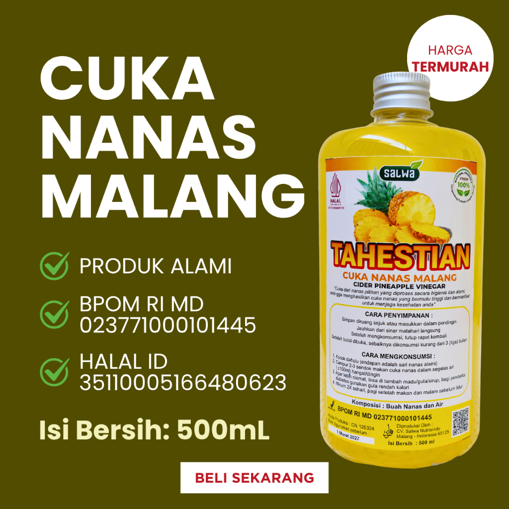 

Cuka Nanas Malang Tahestian 500ml with Mother Tanpa Proses Pemasakan Kemasan Aman Bubble Wrap Halal BPOM