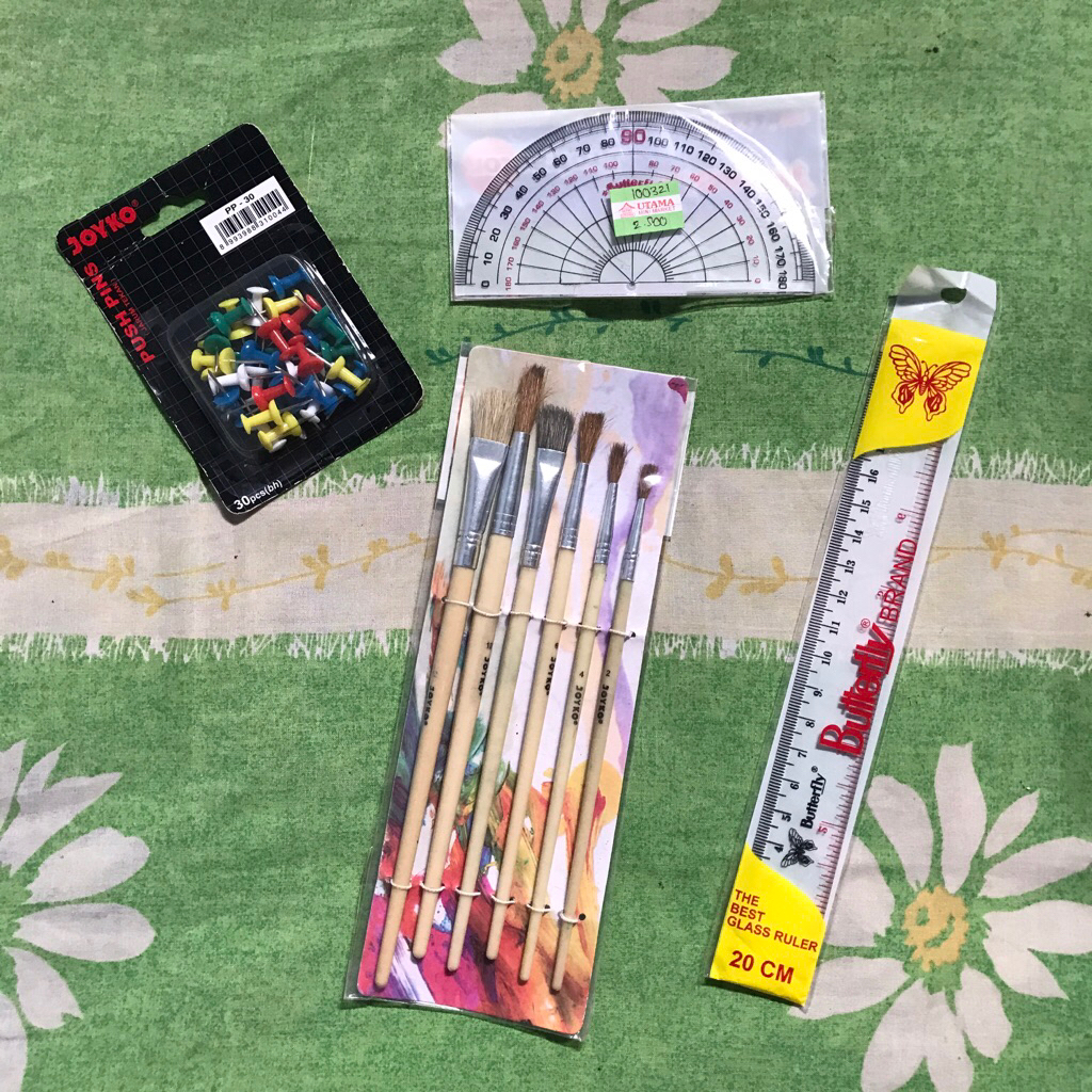 

[preloved] Paket push pin paku pin joyko kuas cat air joyko penggaris 20 cm butterfly busur 180 derajat butterfly