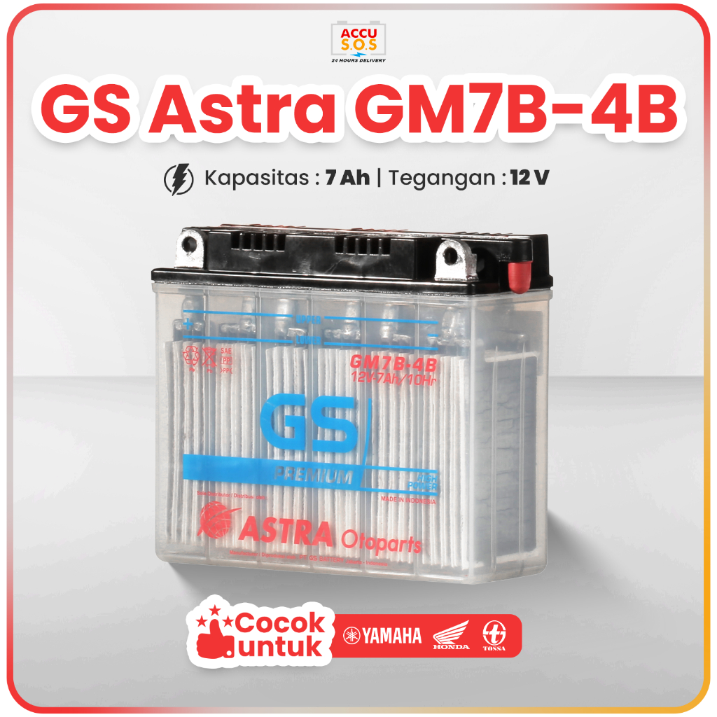 Aki Motor GS Astra GM7B-4B 12V 7Ah, Aki basah Yamaha Scorpio Nouvo, Tiger 2000, Tossa Tiger Jaguar H