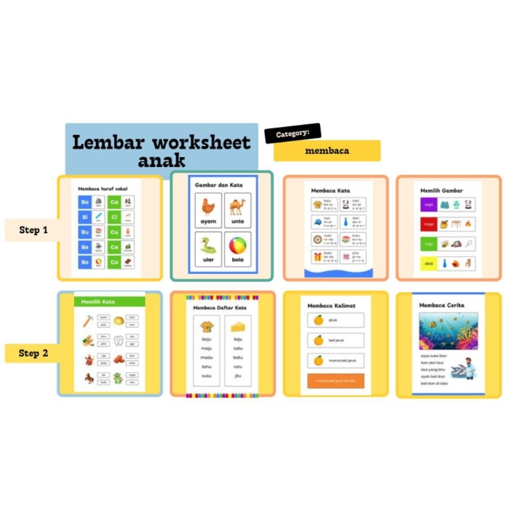 Lembar Worksheet Anak Full Color/ LEVEL 2  MEMBACA/lembar aktivitas membaca anak TK-SD