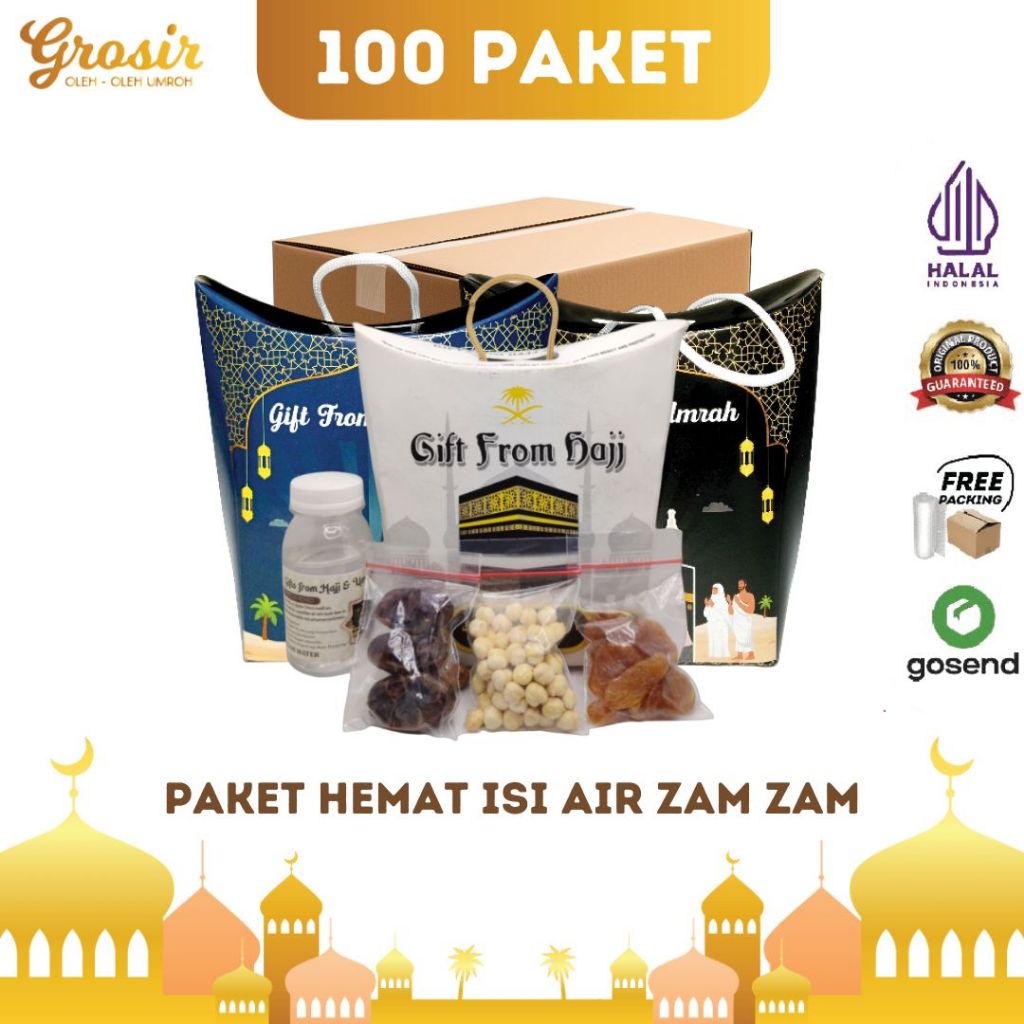 

Paket Hemat 100pcs Oleh-oleh Haji dan Umroh Paket 100 isi Air ZamZam