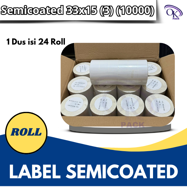 

LABEL SEMICOATED(BUKAN THERMAL) 33 x 15 mm 3 Line, (1 Dus isi 24 Roll ) Stiker Printer Barcode, Core 1 Inch isi 10000 Pcs