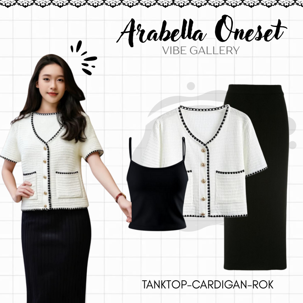 Arabella OneSet 3 in 1 ( Rok Span Plisket - Cardigan Crop Korean Rajut Putih -Tangtop Tali Kecil) Ad