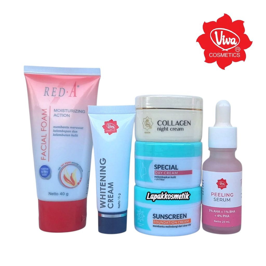 Paket Viva 6in1 Cream Siang, Malam, Sunscreen,Whitening Cream Serum dan Facial Foam Red A Normal 40g