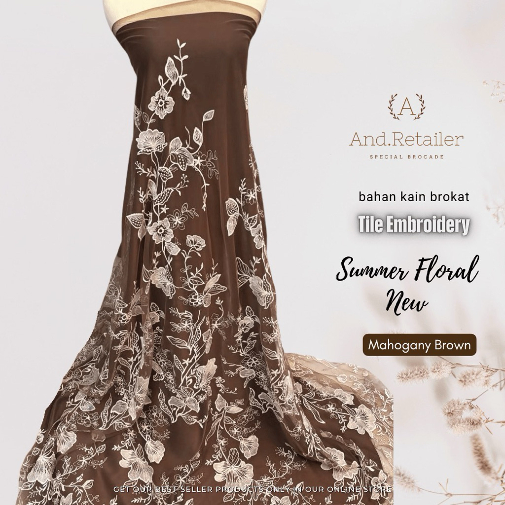 Bahan Kain Kebaya Mewah Brokat Tile Embroidery summer Floral Motif Bunga Warna Mahogany Coklat Brown
