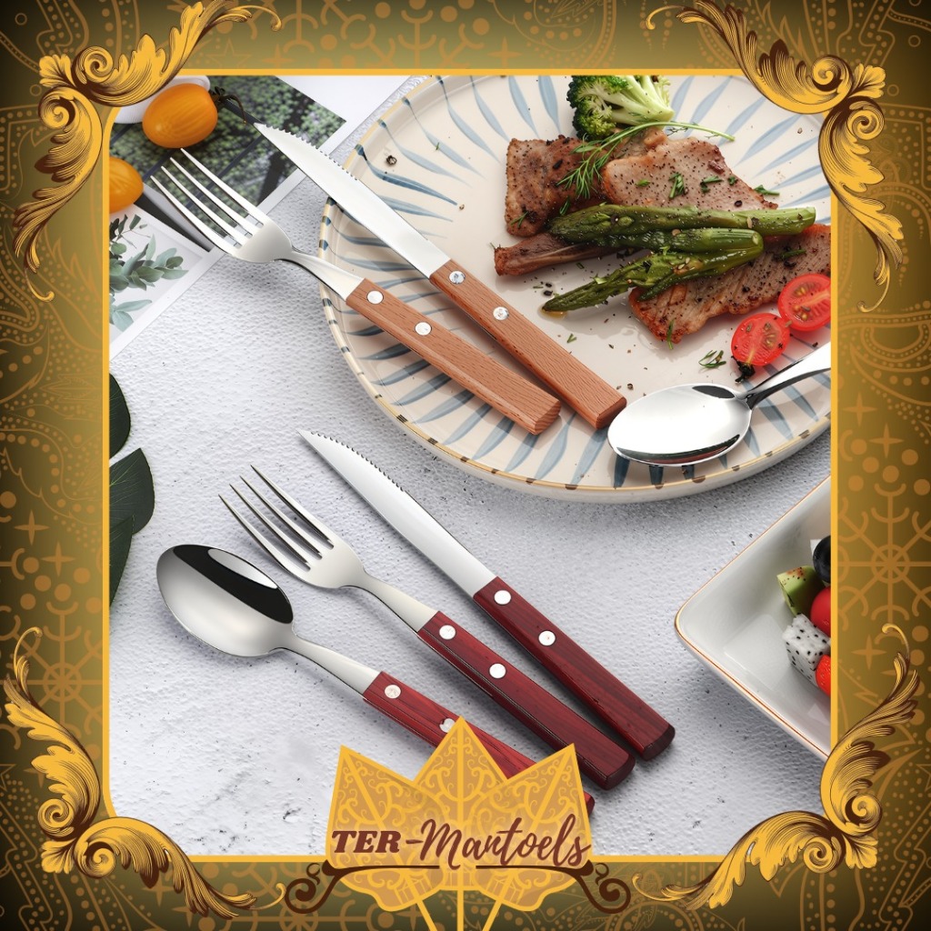Set Sendok Pisau Garpu Steak / Sendok Pisau Garpu Gagang Kayu / Set Sendok Garpu