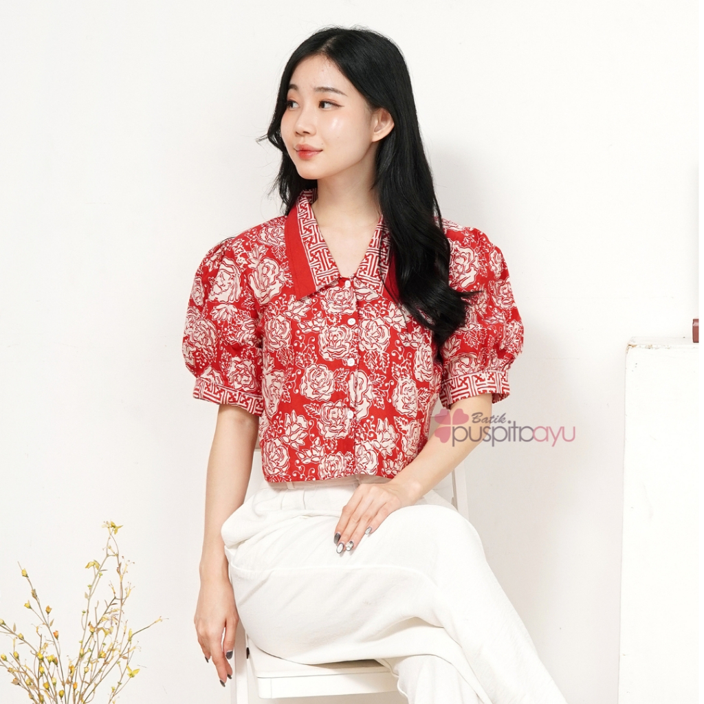 BATIK PUSPITA AYU - Crop Top Blus Fuji Lengan Pendek | Baju Atasan Kemeja Fitted Shirt Wispie