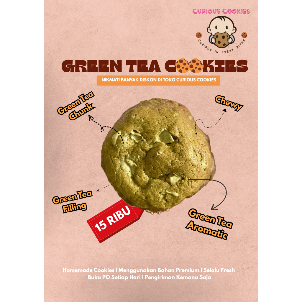 

Green Tea Cookies Hanya 15 Ribu, Bahan Premium, Green Tea Filling dan Green Tea Chunk
