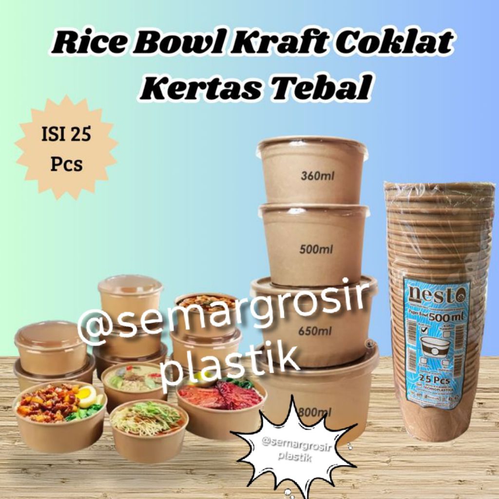Paper Bowl Kraft Nesto + Lid – 12oz / 17oz / 22oz / 24oz – Isi 25 pcs / Slop