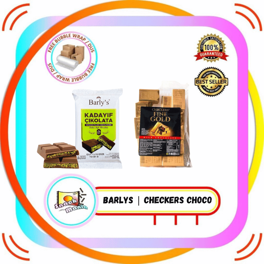 

Barly's Kadayif Cikolata Pistachio Filling Chocolate Bar ~ 70 gr | Checkers Fine Gold Milk Choco 400 gr Cokelat Coklat Dubai Emas