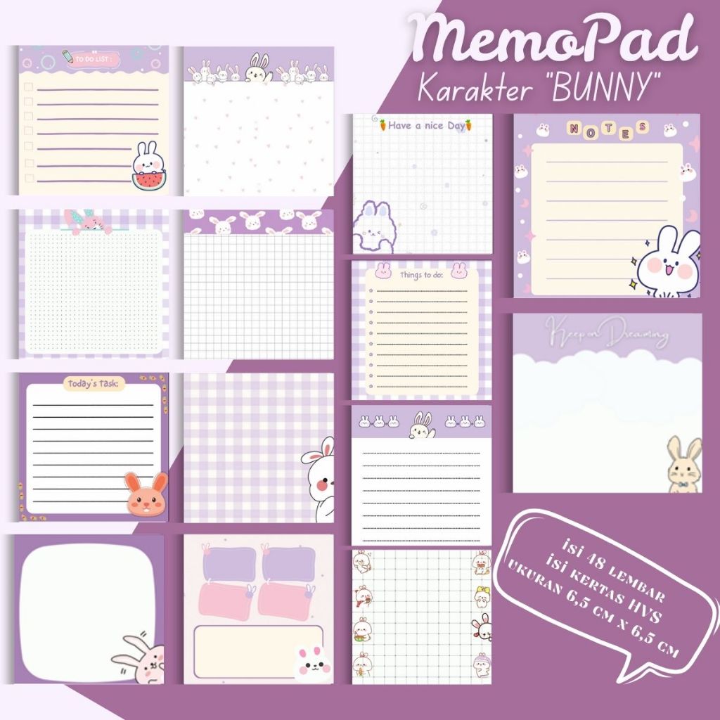 

NOTE MEMOPAD KARAKTER LUCU murah terlaris 6,5 x 6,5 cm (KARAKTER BUNNY)