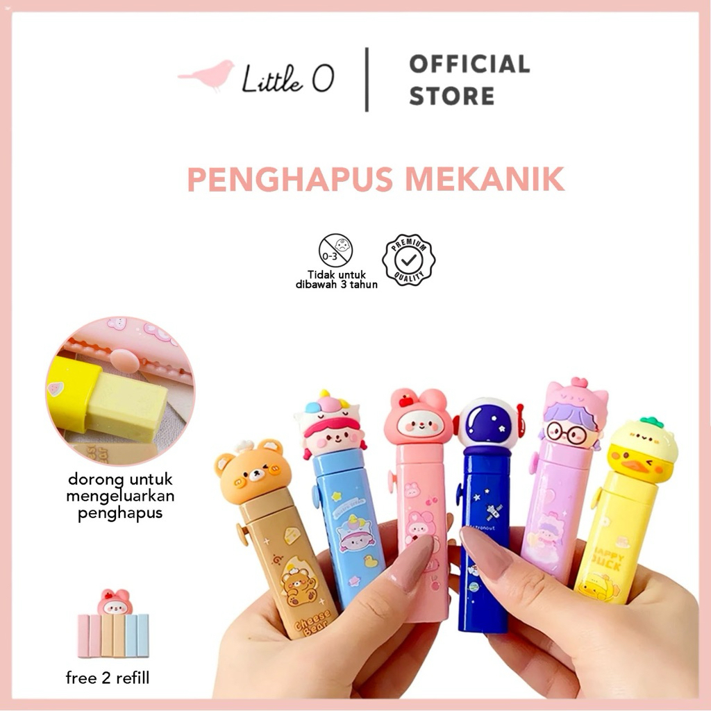 

LITTLE O FREE REFIL !! 3D Cartoon Mechanical Eraser Penghapus Mekanik Dorong Sliding Eraser Hapusan Cetek