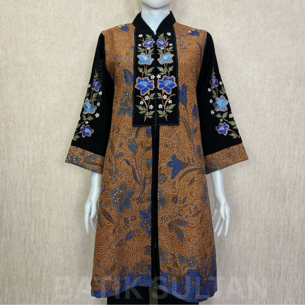 Atasan Tunik Batik Wanita Kain Doby Sogan Bordiran Reguler Fit Lapisan Tricot Waffle Mewah Elegan Fo